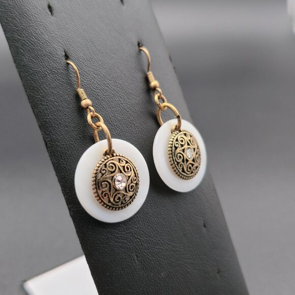 Copper White Shell And Crystal Dangle Earrings A6264 - Picture 2 of 5